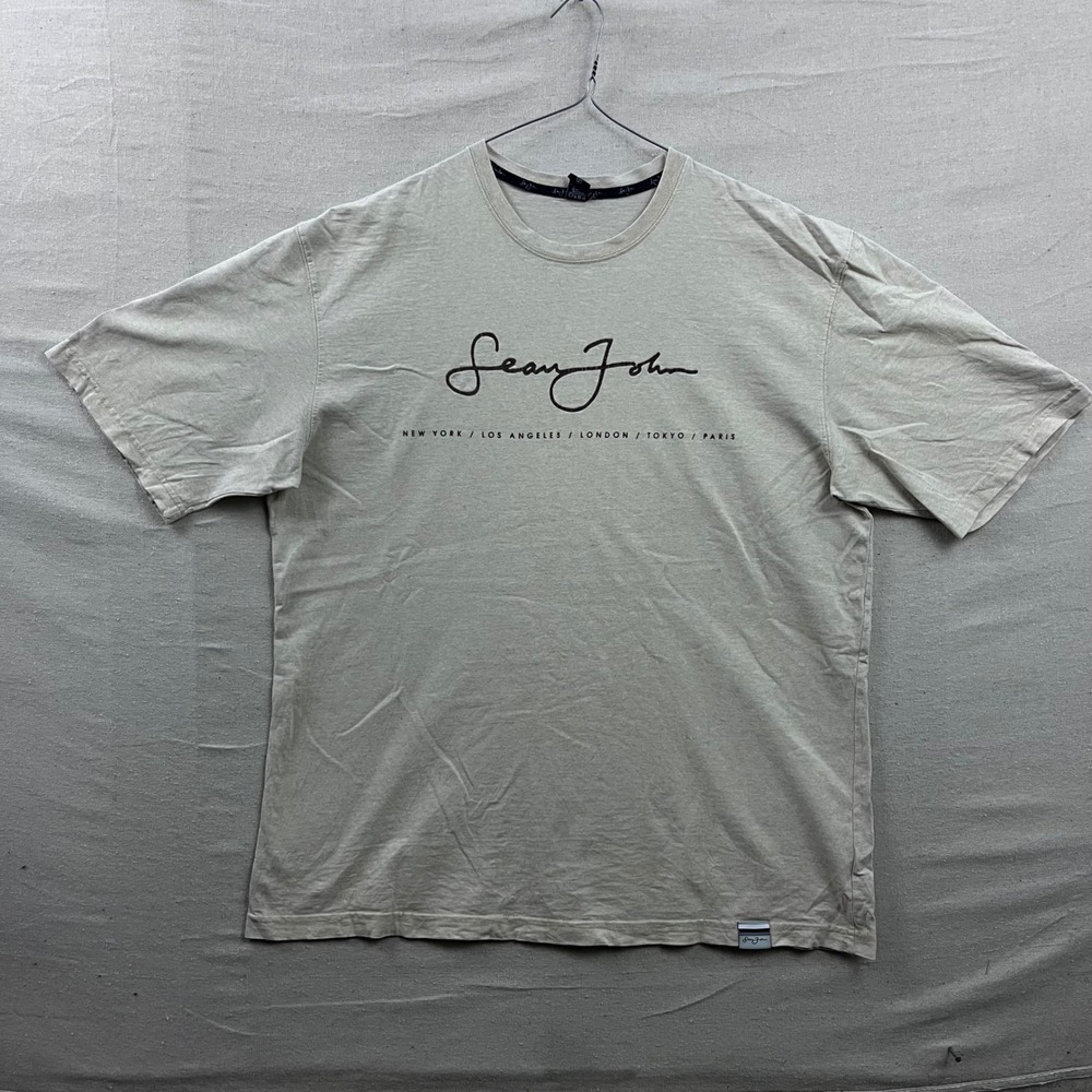 Sean John T-Shirt Mens XL Beige Graphic Logo Streetwear Short Sleeve‎ Cotton